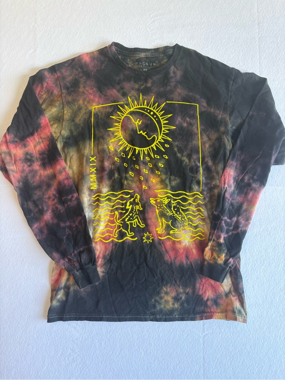 PacSun Black Tie-Dye Long Sleeve Tee with Yellow Celestial Moon Tarot Y2K